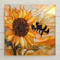 Stained glass bee sunflower tile for bee wall art, garden ceramic tile wall decor, or summer art display. Great pollinator decor and bee lover gift with cottagecore flair home decor.
