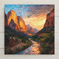 Mosaic-style ceramic tile artwork featuring Zion National Park at sunset, with glowing sandstone cliffs, a winding river, and lush greenery. Southwest landscape wall art inspired by Utah’s iconic canyon scenery.