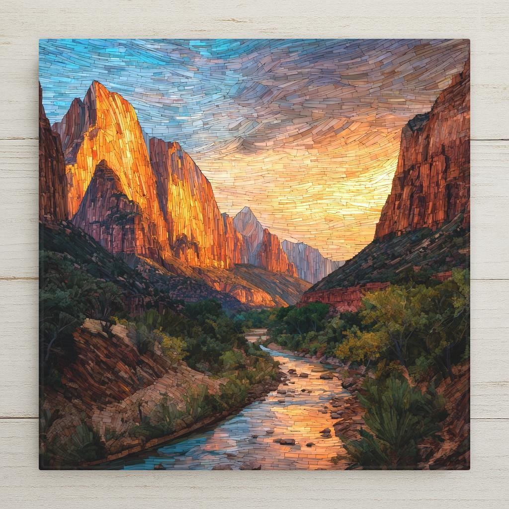 Mosaic-style ceramic tile artwork featuring Zion National Park at sunset, with glowing sandstone cliffs, a winding river, and lush greenery. Southwest landscape wall art inspired by Utah’s iconic canyon scenery.