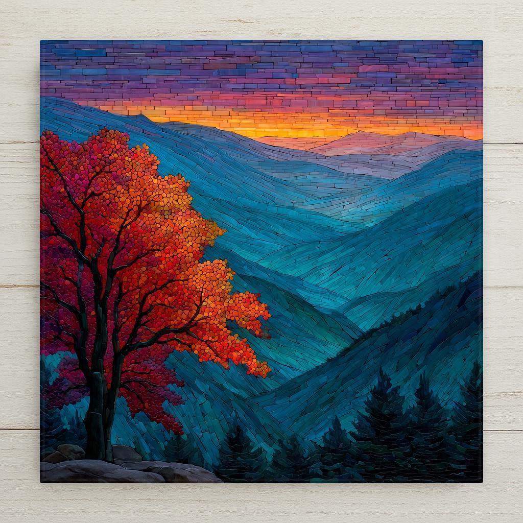 Smoky Mountains stained glass-style ceramic tile wall art captures an autumn sunset over glowing ridges and vibrant fall trees. Perfect wall art and home decor accent. Includes options for tile wall hanger, easel stand, cork backing, or premium frame. (Printed artwork — not real stained glass or mosaic.)