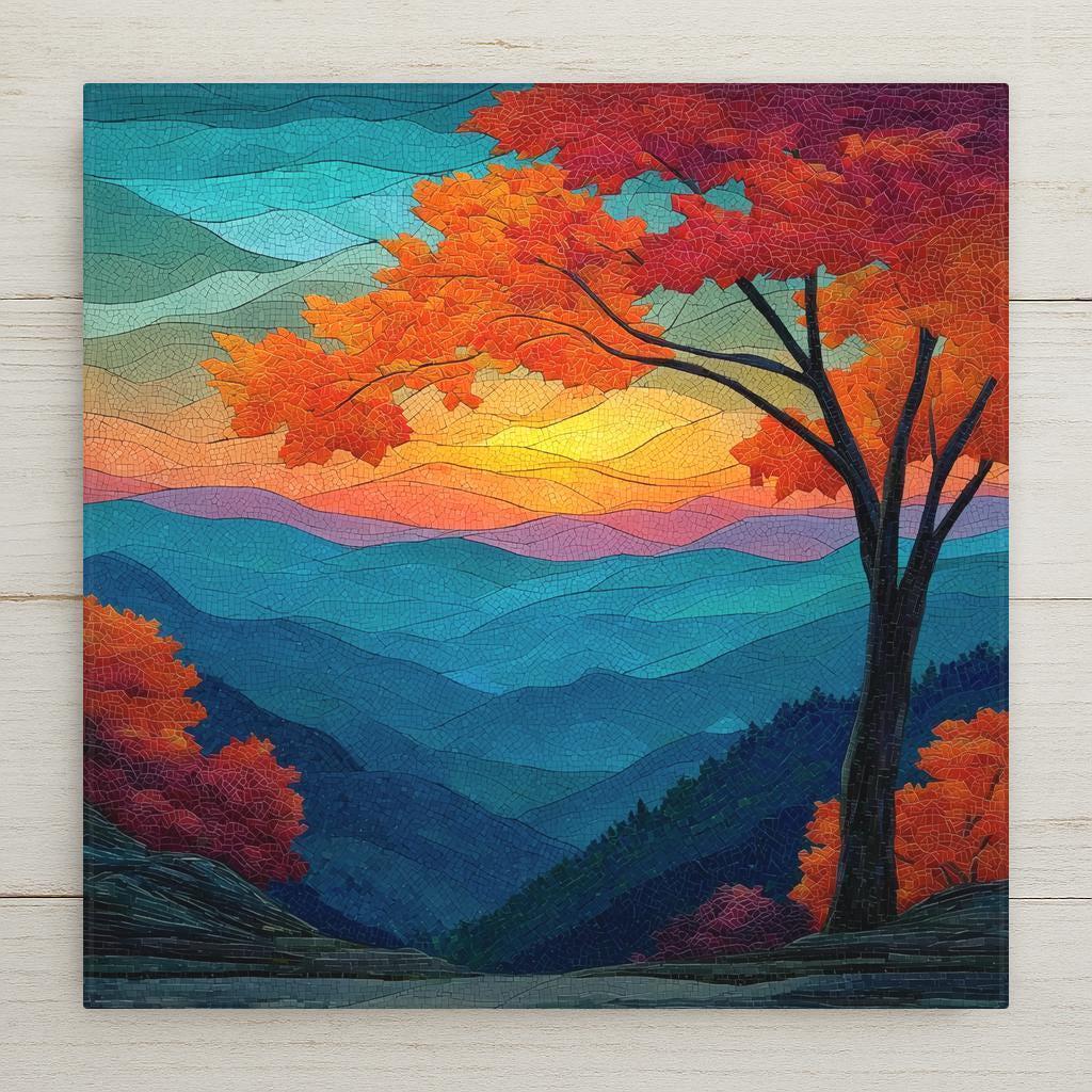 Smoky Mountains stained glass-style ceramic tile wall art captures glowing sunset ridges and autumn colors. Perfect wall art and home decor accent. Includes optional tile wall hanger, easel stand, cork backing, or premium frame. (Printed artwork — not real stained glass or mosaic.)