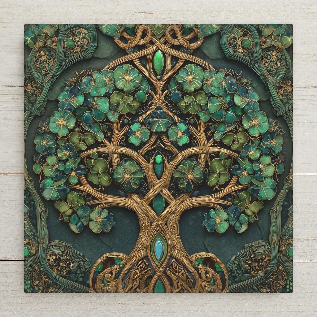 Celtic Tree of Life ceramic tile wall art in a stained glass–style design featuring interwoven branches and emerald green leaves. This is a permanent printed ceramic tile, not real stained glass or mosaic. Ideal for Irish wall decor, symbolic nature art, or meaningful home decor. Optional tile wall hanger, easel tile stand, cork backing, and premium frame available.