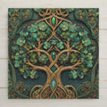 Celtic Tree of Life ceramic tile wall art in a stained glass–style design featuring interwoven branches and emerald green leaves. This is a permanent printed ceramic tile, not real stained glass or mosaic. Ideal for Irish wall decor, symbolic nature art, or meaningful home decor. Optional tile wall hanger, easel tile stand, cork backing, and premium frame available.
