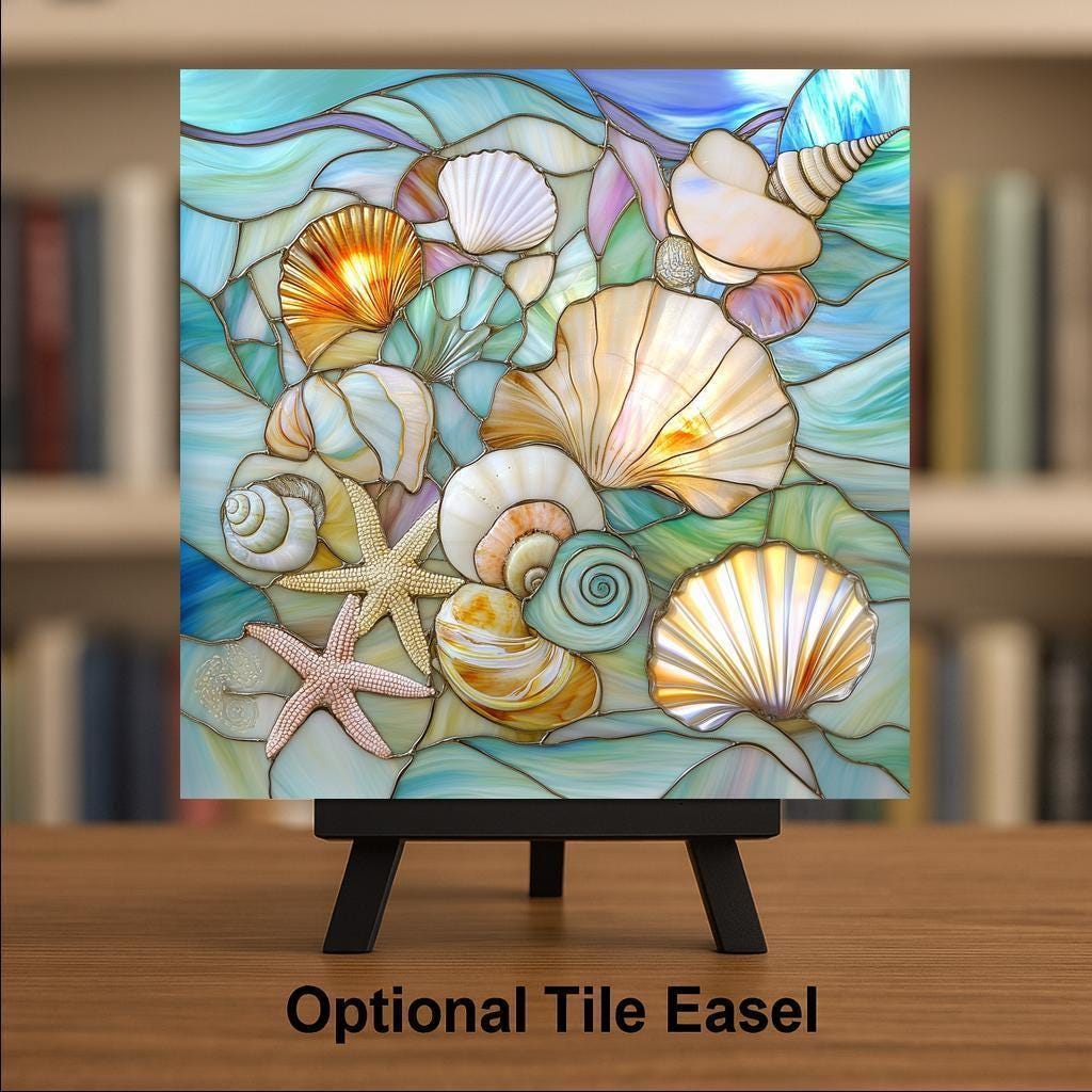 Seashell Wall Art Ceramic Tile Stained Glass Style Coastal Gift Ocean Decor Beach House Nature Art