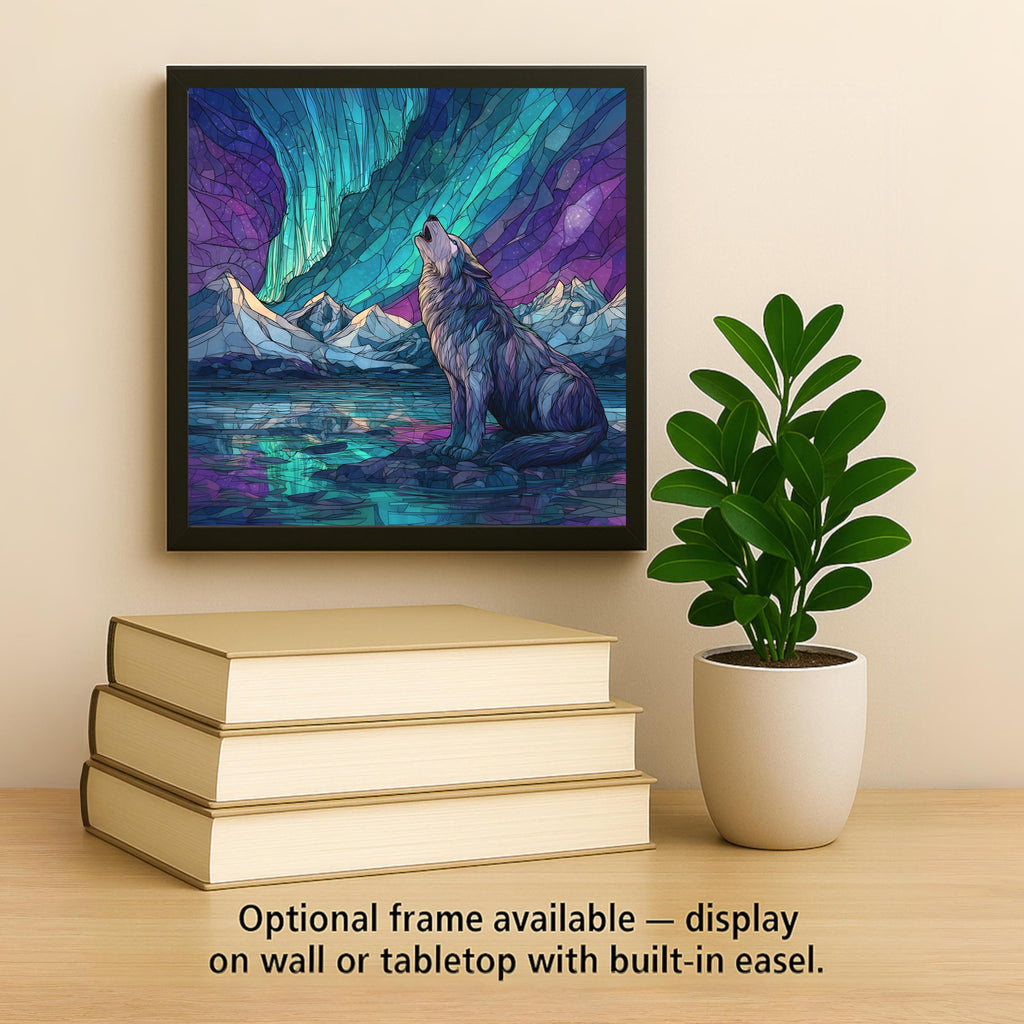 Aurora Wolf Ceramic Art Tile – Aurora Borealis Gift, Mountain Wildlife Art, Wolf Lover Gift, Stained Glass Nature