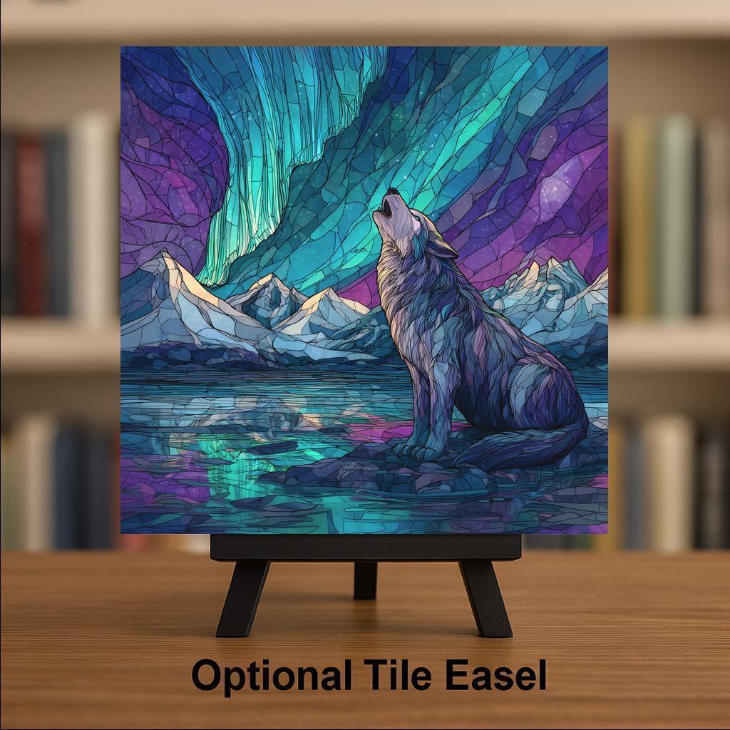 Aurora Wolf Ceramic Art Tile – Aurora Borealis Gift, Mountain Wildlife Art, Wolf Lover Gift, Stained Glass Nature