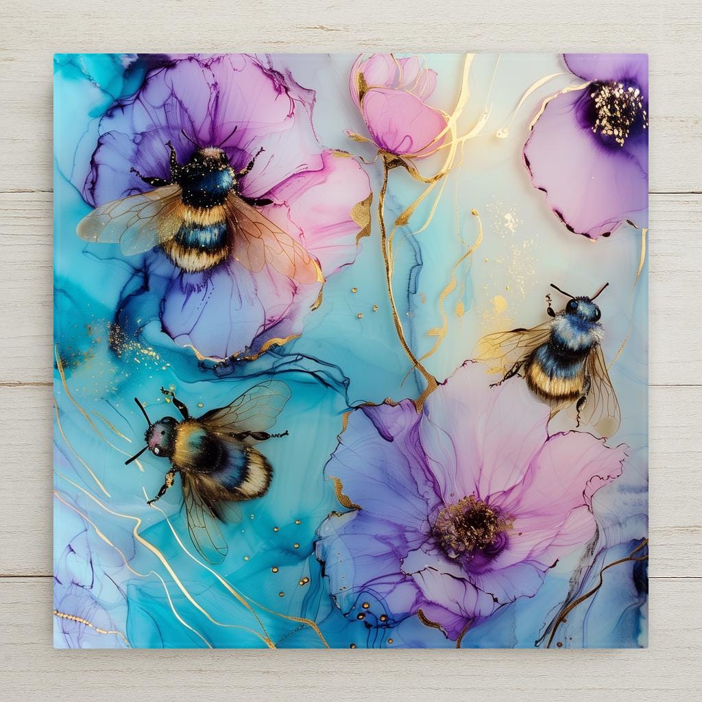 Bee wall art ceramic tile featuring colorful floral botanical design with honey bees and flowing alcohol ink background, modern nature decor style.