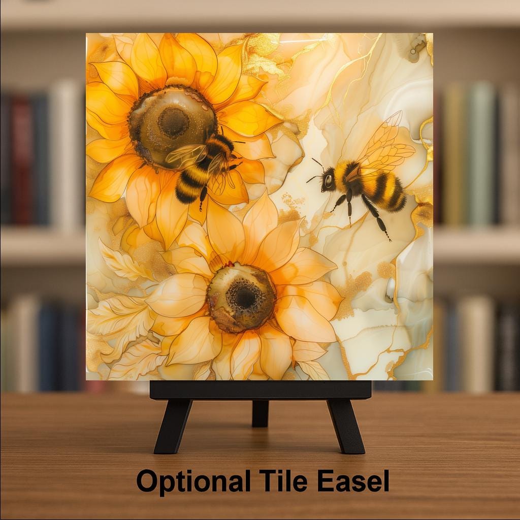 Sunflower Bee Wall Art Ceramic Tile Kitchen Wall Decor Yellow Floral Tile Farmhouse Kitchen Decor Honey Bee Gift Rustic Home Decor