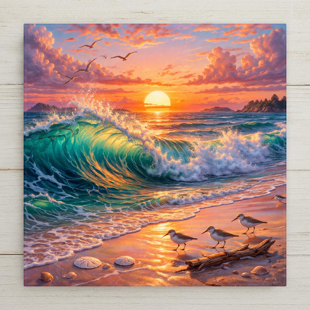 Stained glass style sandpiper ceramic tile with three shorebirds running along a golden sunset beach, warm amber and cobalt ocean waves reflecting the last light of day, a vivid coastal and beach house wall art gift.