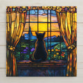 Stained glass style cat in window ceramic tile with a cat bathed in warm amber and gold window light against a deep cobalt and teal garden outside, cozy domestic scene, a vivid cat lover and housewarming home decor gift.