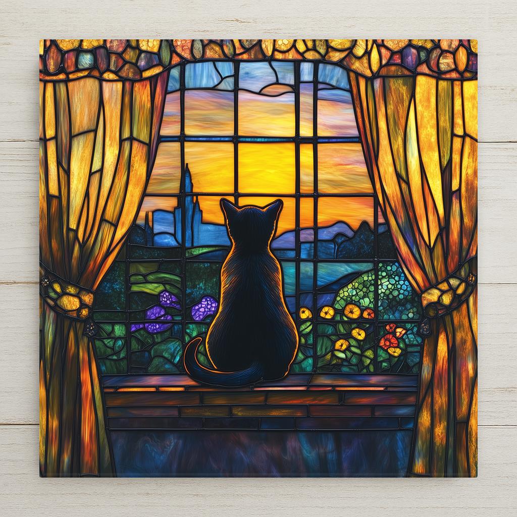 Stained glass style cat in window ceramic tile with a cat bathed in warm amber and gold window light against a deep cobalt and teal garden outside, cozy domestic scene, a vivid cat lover and housewarming home decor gift.