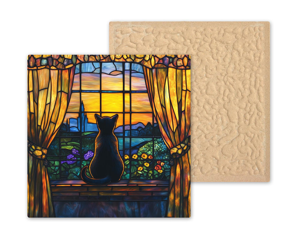 Cat in Window Ceramic Art Tile – Cozy Home Wall Decor, Cat Lover Housewarming Gift