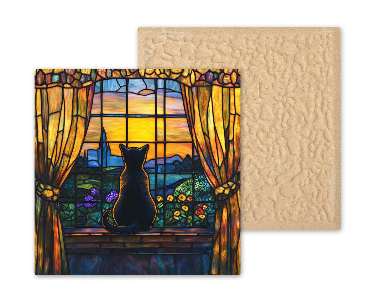 Cat in Window Ceramic Art Tile – Cozy Home Wall Decor, Cat Lover Housewarming Gift