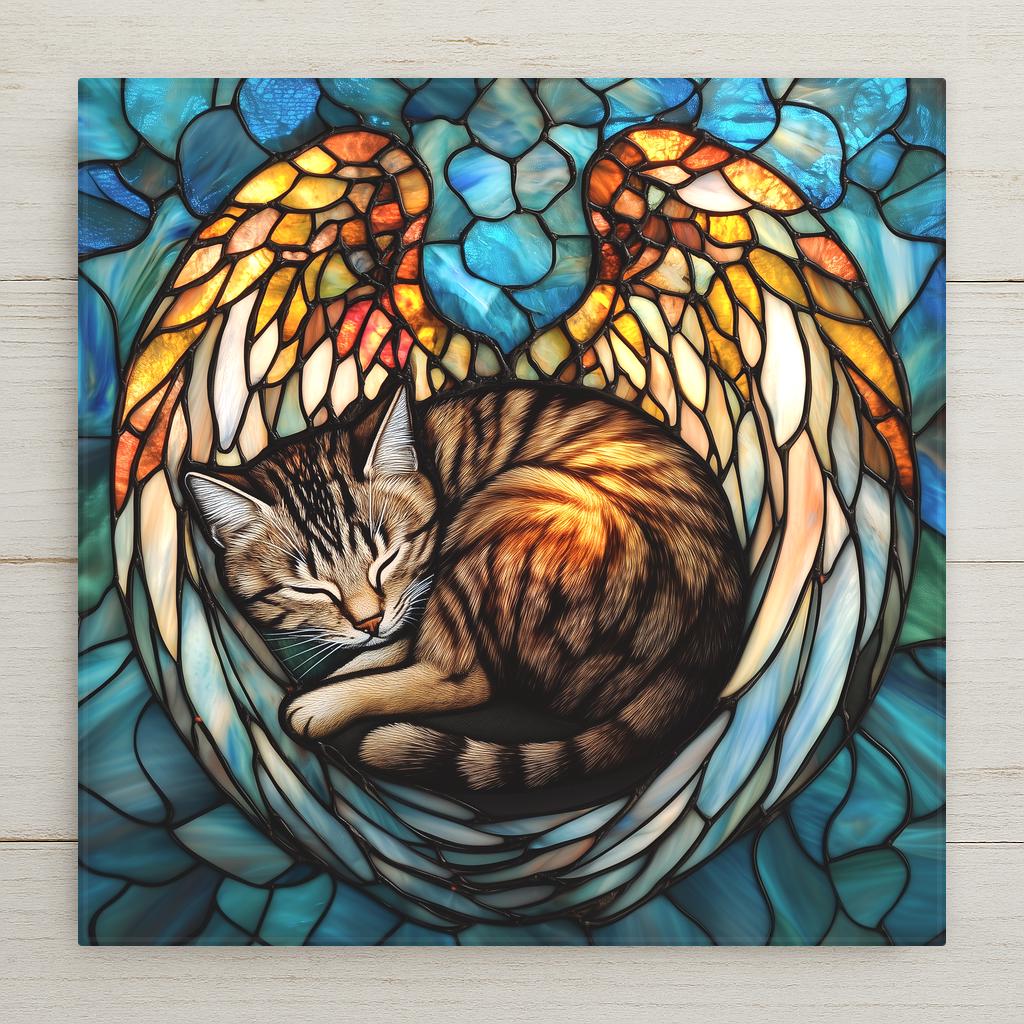 Stained glass style cat memorial ceramic tile with angel wings gently surrounding a peaceful sleeping cat in warm gold and rose light against a soft cobalt and heavenly teal background, a reverent and loving pet loss and cat sympathy gift.