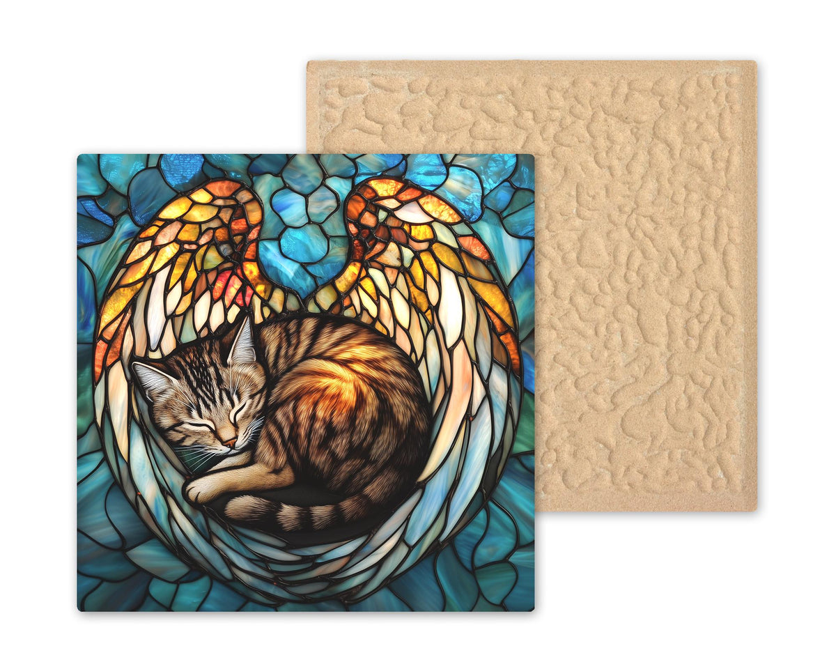 Cat Memorial Ceramic Art Tile – Pet Loss Sympathy Wall Decor, Angel Wings Cat Lover Remembrance Gift