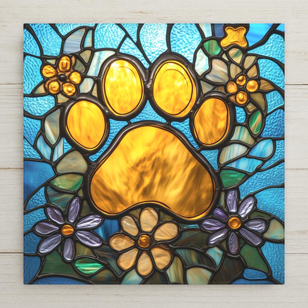Stained glass style cat sympathy ceramic tile with a soft golden cat paw print surrounded by delicate flowers and stars against a gentle cobalt and teal background, warm and tender, a vivid cat loss sympathy gift and pet bereavement memorial tile.