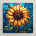 Stained glass style sunflower ceramic tile with a full bloom sunflower in vivid warm amber and gold petals against a deep cobalt and teal background, abundant and luminous, a vivid kitchen decor and sunflower lover gift.