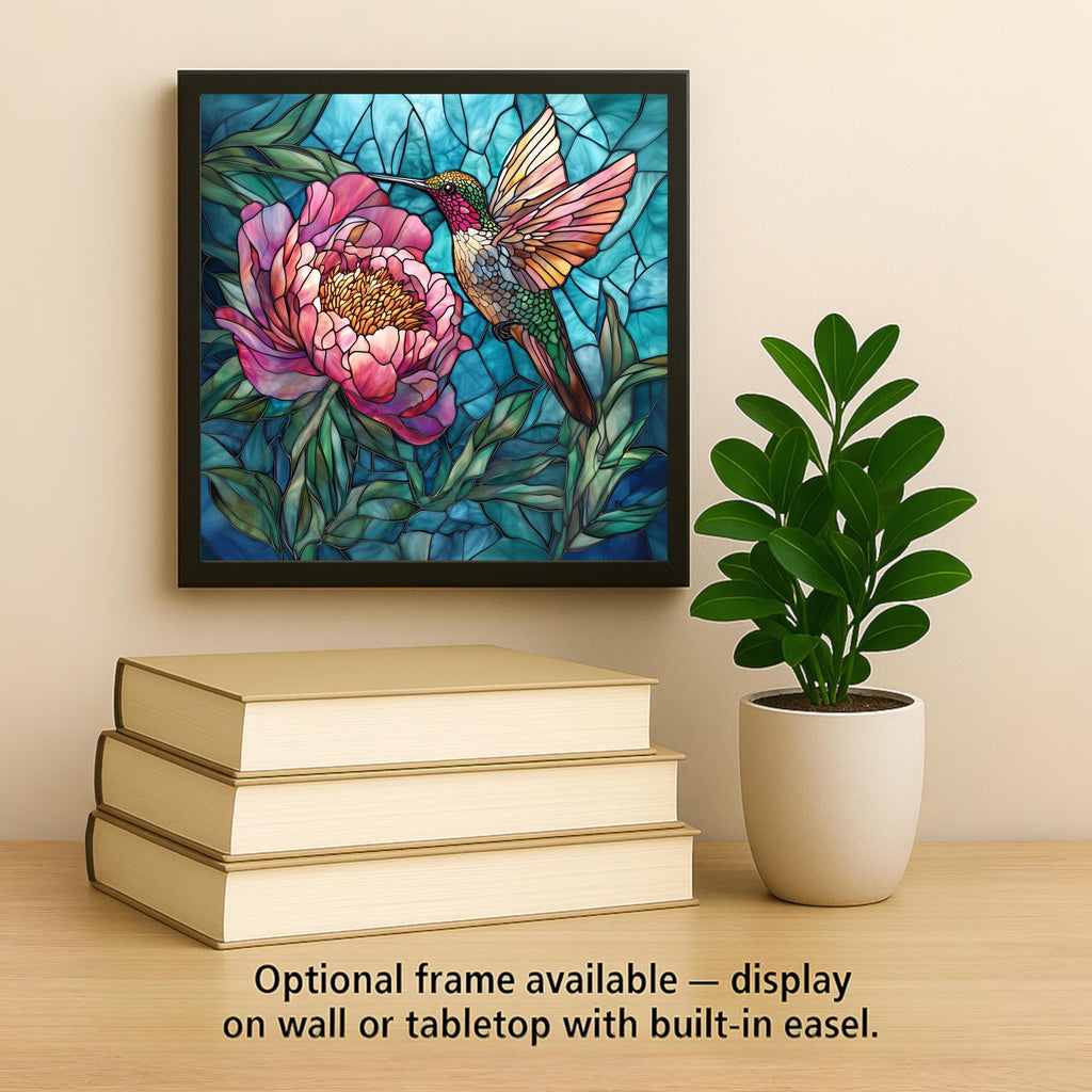 Hummingbird Peony Stained Glass Style Ceramic Art Tile – Pink Floral Wall Decor, Garden Bird Lover