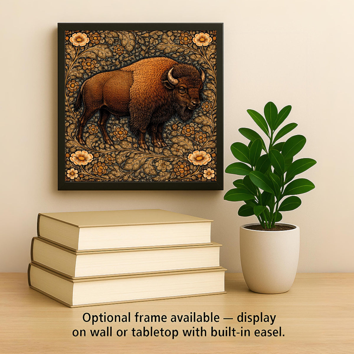 Bison Wall Art Ceramic Tile Wildlife Lover Gift Cabin Lodge Decor Buffalo Art William Morris Style Nature Tile