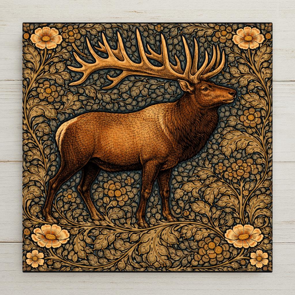 William Morris style bull elk ceramic tile with a majestic elk and full antler rack standing in profile against an intricate deep teal botanical border with warm gold wildflowers, a vivid wildlife lover gift for cabin or lodge decor.