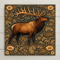 William Morris style bull elk ceramic tile with a majestic elk and full antler rack standing in profile against an intricate deep teal botanical border with warm gold wildflowers, a vivid wildlife lover gift for cabin or lodge decor.
