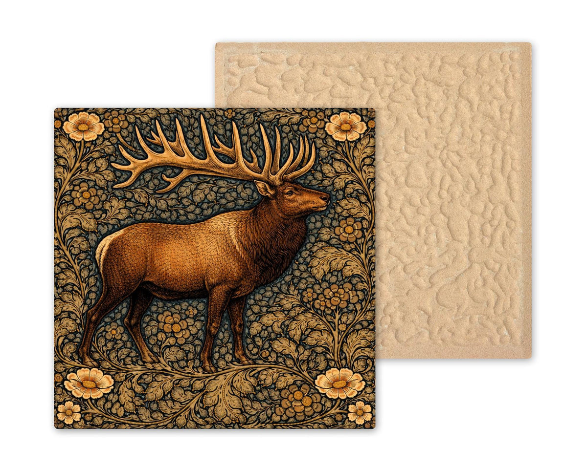 Elk Wall Art Ceramic Tile Wildlife Lover Gift Cabin Lodge Decor Bull Elk Antler Art William Morris Style Nature Tile