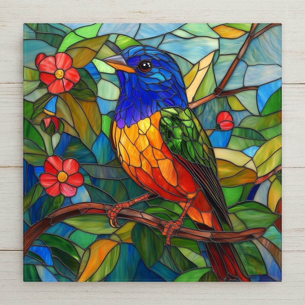 Stained glass style painted bunting ceramic tile with a vivid electric blue, emerald green, and crimson red songbird perched on a flowering branch against a deep cobalt and teal garden background, warm amber light through leaves, a vivid bird lover and colorful bird decor gift.
