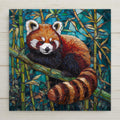 Stained glass style red panda ceramic tile with a vivid auburn and copper red panda perched on a mossy branch against a deep cobalt and forest teal bamboo background, warm amber autumn light and fluffy ringed tail, a vivid wildlife and red panda lover gift.