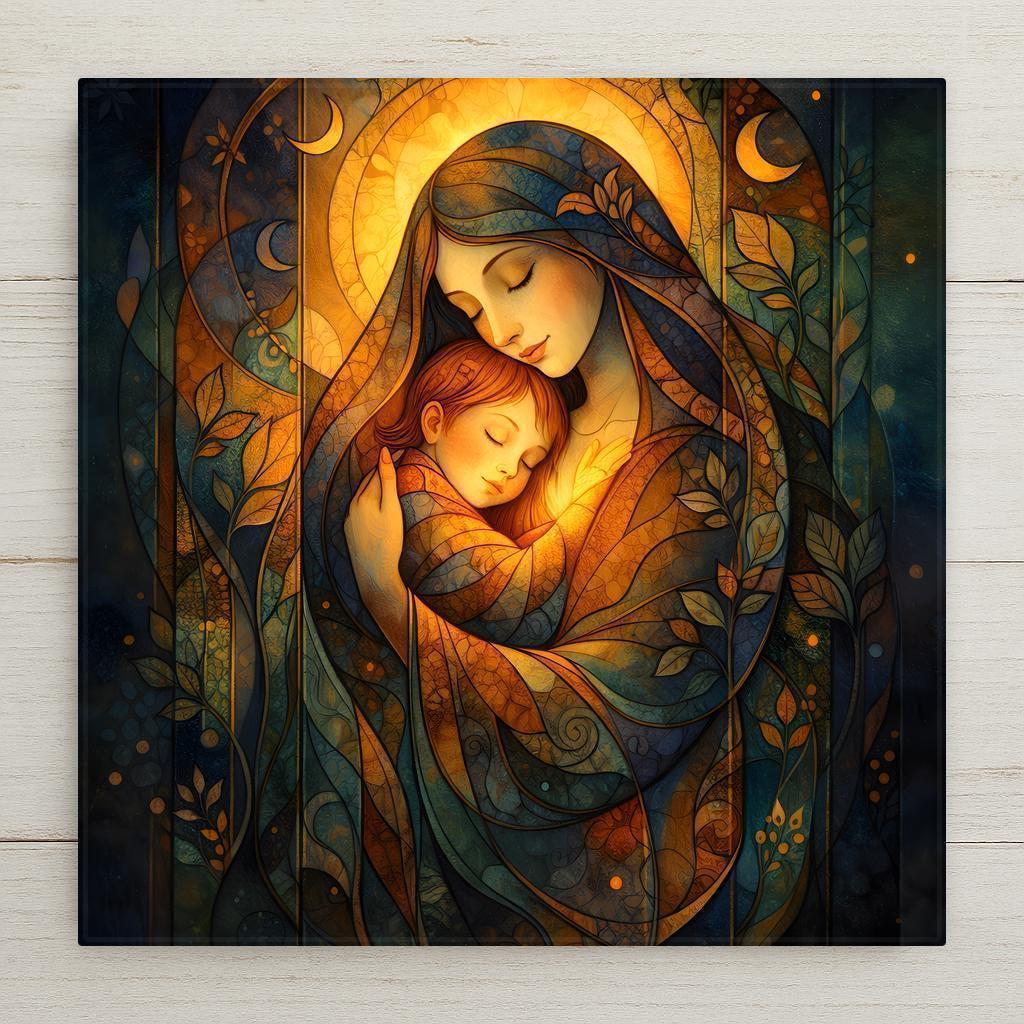 A stained glass–style wall art ceramic tile featuring a mother gently holding a sleeping child, surrounded by warm golden light and calming blue tones. This peaceful, spiritual home decor piece symbolizes love, protection, and comfort. The design is a permanent print on ceramic tile, not real stained glass. Optional tile wall hanger, easel tile stand, cork backing, and premium frame options are available for flexible display.
