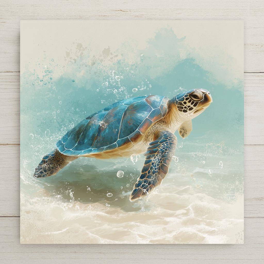 Stained glass style sea turtle ceramic tile in luminous teal turquoise and warm amber tones, gliding through layered ocean water above a colorful coral reef, a vivid coastal bathroom and beach house accent.