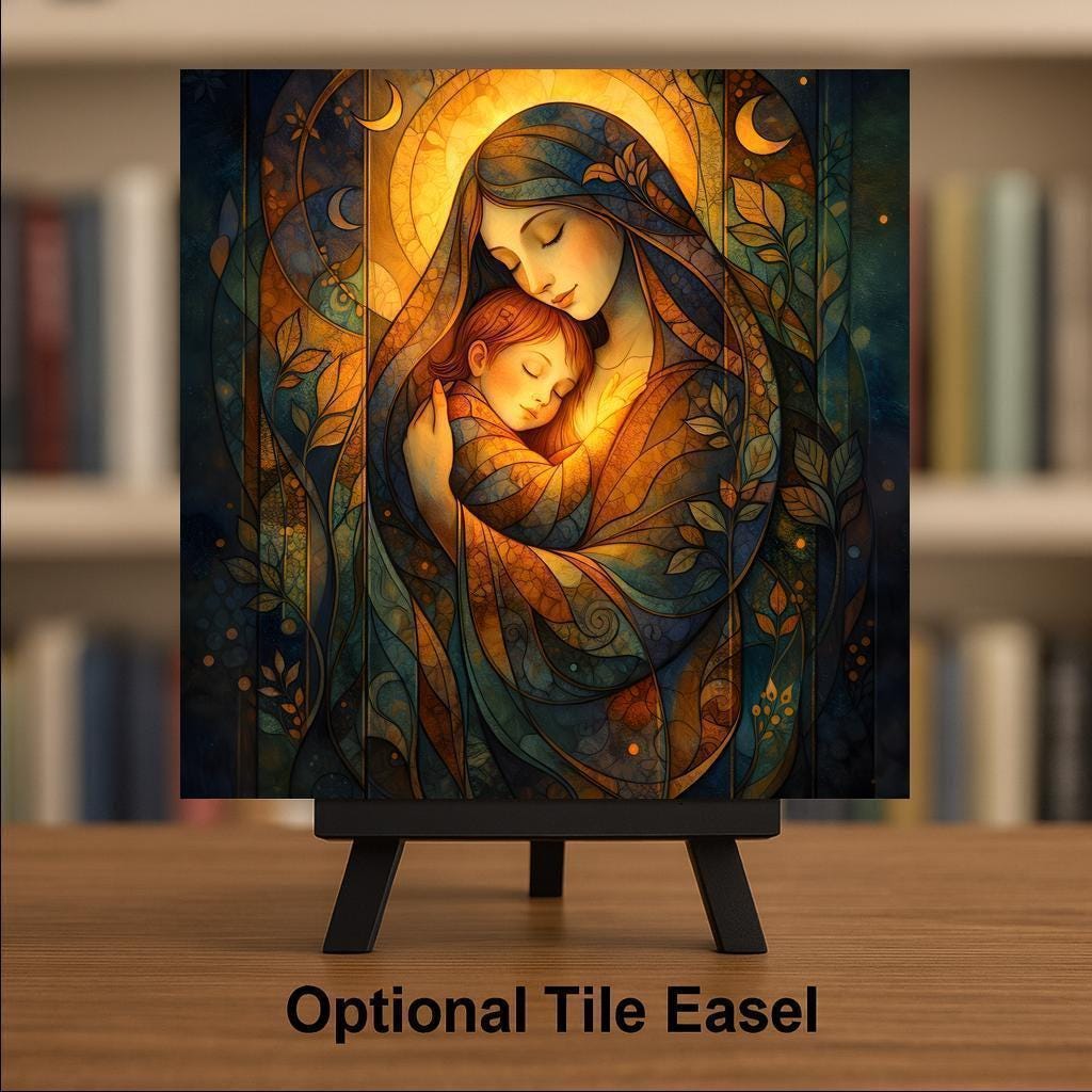 Mother and Child Spiritual Wall Art Ceramic Tile – Stained Glass Style, Peaceful Home Decor