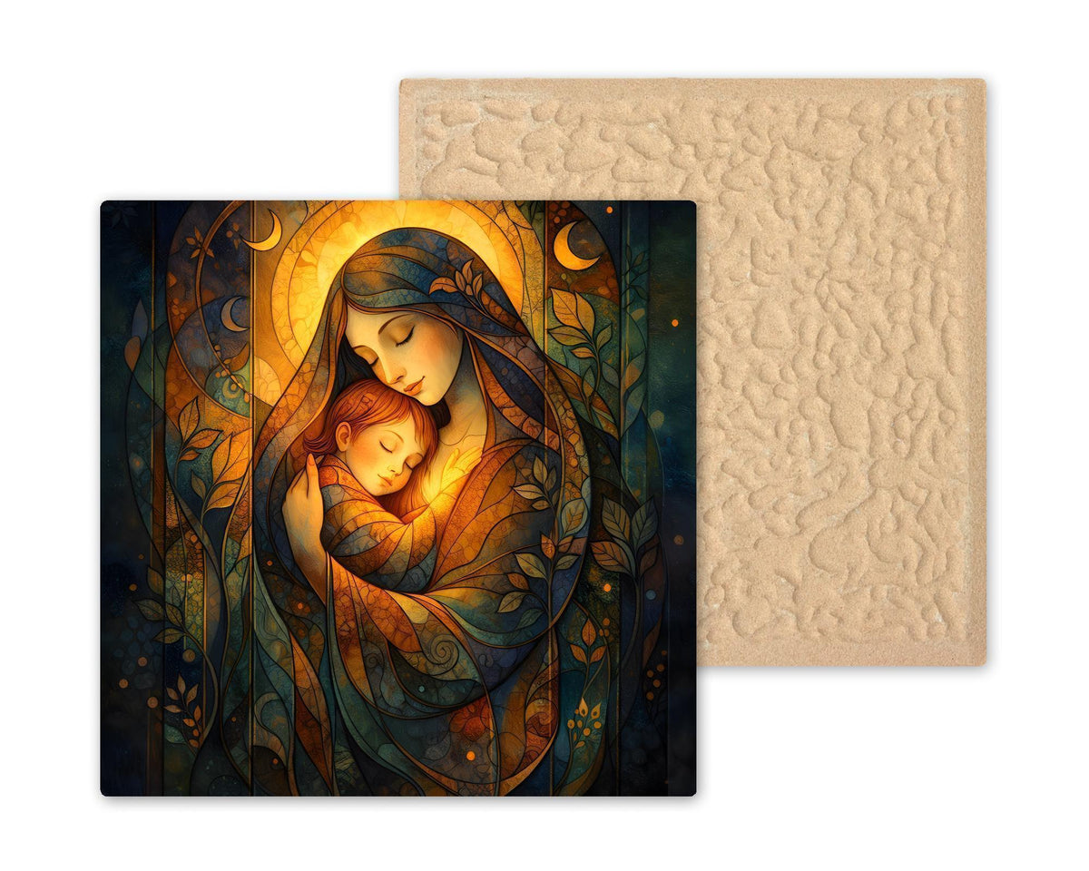 Mother and Child Spiritual Wall Art Ceramic Tile – Stained Glass Style, Peaceful Home Decor