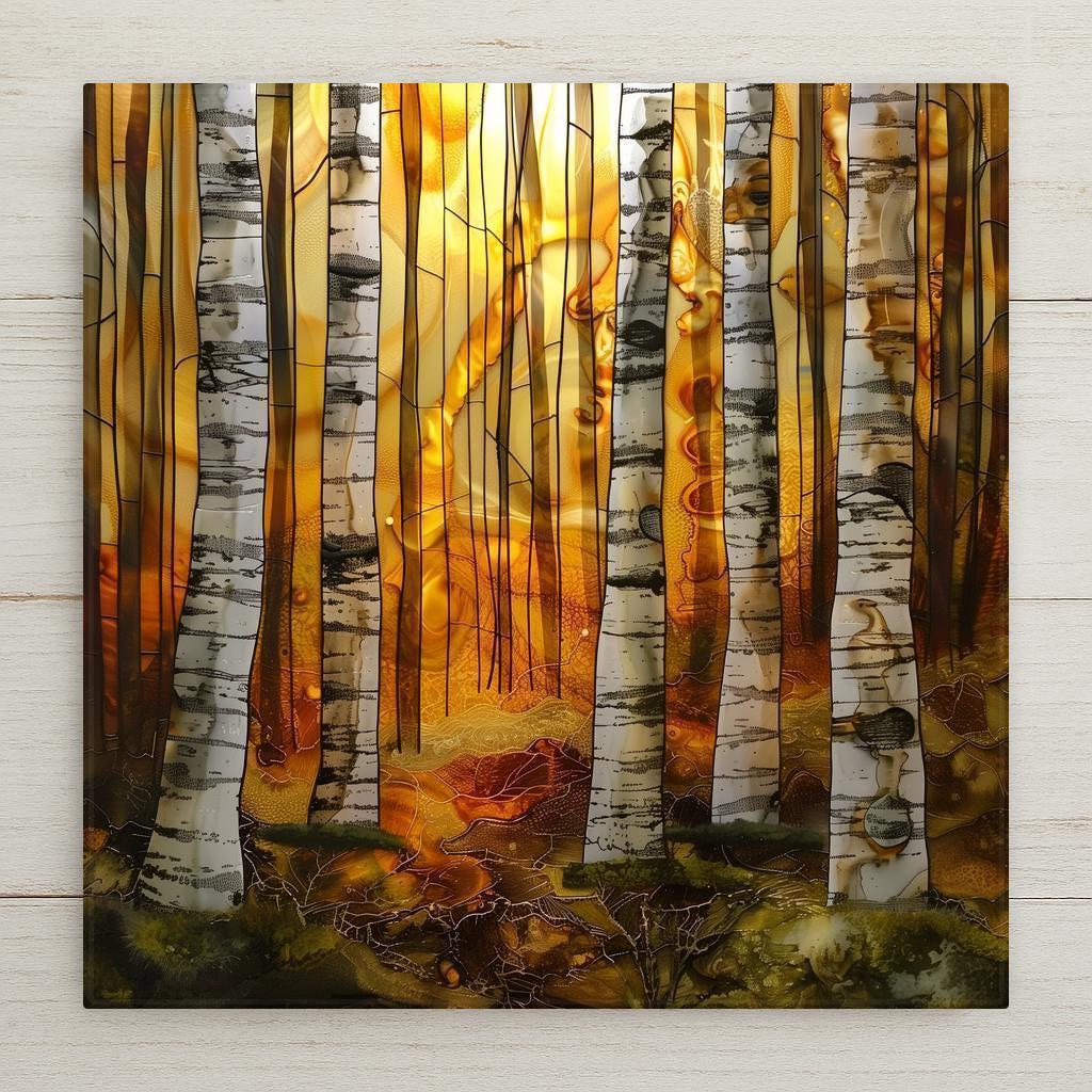 Stained glass alcohol ink style birch forest ceramic tile featuring glowing sunrise light through tall white birch trees. Amber and moss green woodland scene with luminous glass textures and vertical forest composition for rustic cabin and nature inspired wall decor.