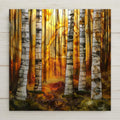 Stained glass alcohol ink style birch forest ceramic tile featuring glowing sunrise light through tall white birch trees. Amber and moss green woodland scene with luminous glass textures and vertical forest composition for rustic cabin and nature inspired wall decor.