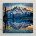 Mount Rainier ceramic tile wall art featuring a snow-capped mountain reflected in an alpine lake at sunset. Stained glass style mountain landscape tile inspired by Mount Rainier in Washington, suitable for wall or tabletop display with optional wall hanger, easel stand, cork backing, or premium frame.