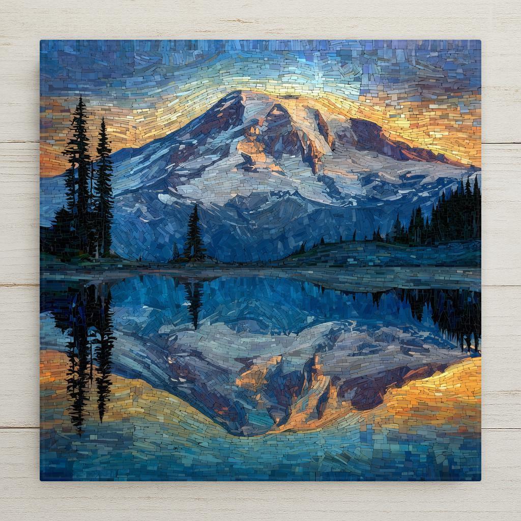 Mount Rainier ceramic tile wall art featuring a snow-capped mountain reflected in an alpine lake at sunset. Stained glass style mountain landscape tile inspired by Mount Rainier in Washington, suitable for wall or tabletop display with optional wall hanger, easel stand, cork backing, or premium frame.