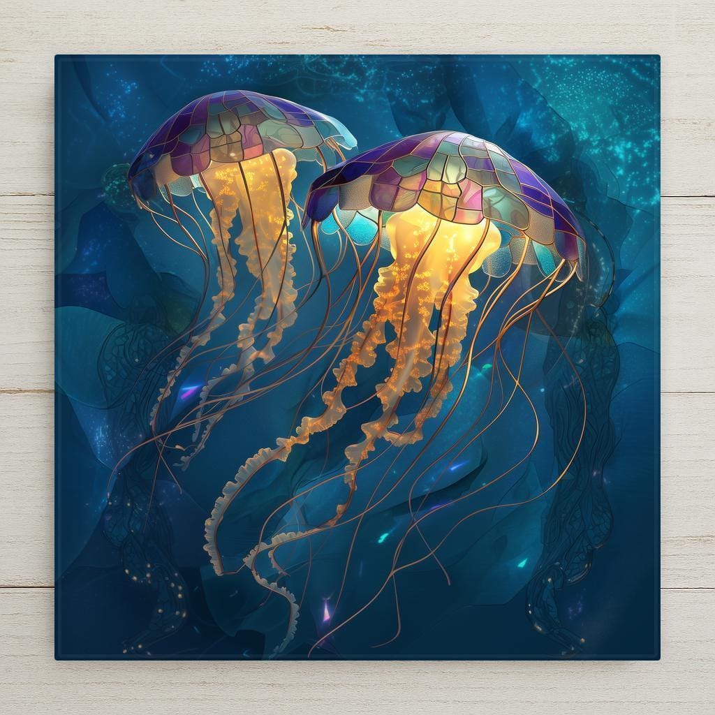 Stained glass style glowing jellyfish ceramic tile featuring luminous golden tentacles and jewel-toned mosaic caps against deep blue ocean background. Coastal wall art for nautical home decor.