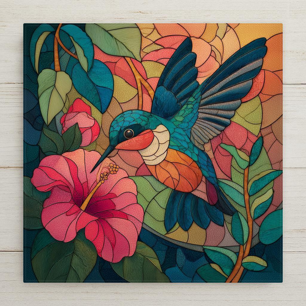 Stained glass–style hummingbird ceramic tile wall art featuring vibrant jewel tones, flowing lines, and botanical accents. This is a permanent print on ceramic tile, not actual stained glass or mosaic. A colorful and meaningful home decor piece symbolizing joy and resilience. Optional tile wall hanger, easel tile stand, cork backing, and premium frame available for wall or tabletop display.