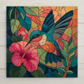 Stained glass–style hummingbird ceramic tile wall art featuring vibrant jewel tones, flowing lines, and botanical accents. This is a permanent print on ceramic tile, not actual stained glass or mosaic. A colorful and meaningful home decor piece symbolizing joy and resilience. Optional tile wall hanger, easel tile stand, cork backing, and premium frame available for wall or tabletop display.