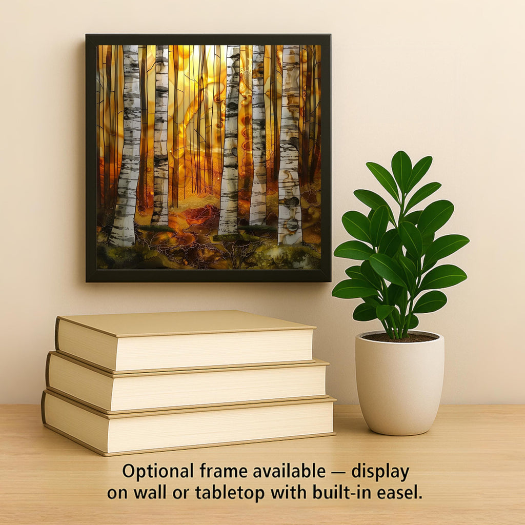 Birch Forest Wall Art Ceramic Tile Stained Glass Style Sunrise Woodland Decor Alcohol Ink Nature Art Gift Tile