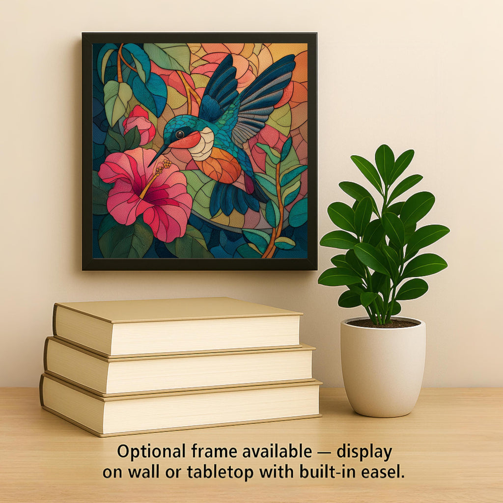 Hummingbird Stained Glass Style Ceramic Art Tile – Colorful Bird Wall Decor, Nature Lover Garden Gift