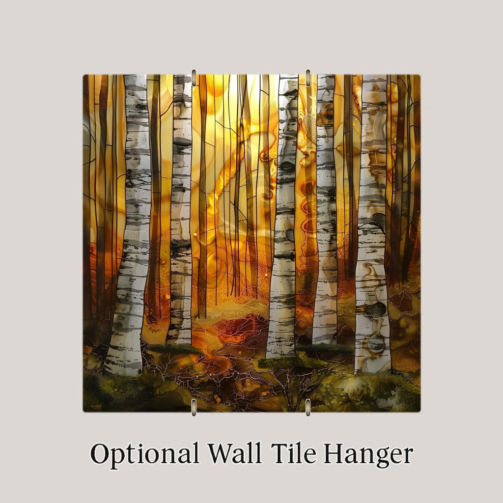 Birch Forest Wall Art Ceramic Tile Stained Glass Style Sunrise Woodland Decor Alcohol Ink Nature Art Gift Tile
