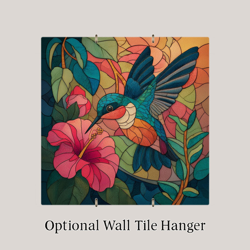 Hummingbird Stained Glass Style Ceramic Art Tile – Colorful Bird Wall Decor, Nature Lover Garden Gift