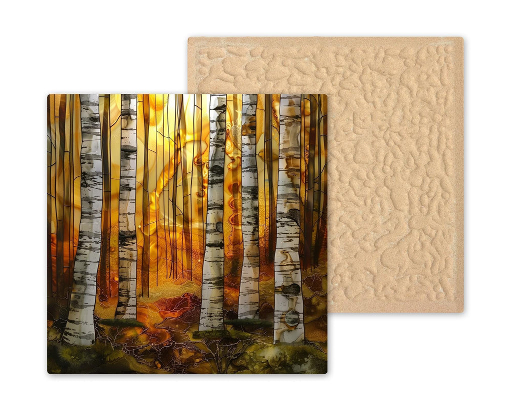 Birch Forest Wall Art Ceramic Tile Stained Glass Style Sunrise Woodland Decor Alcohol Ink Nature Art Gift Tile