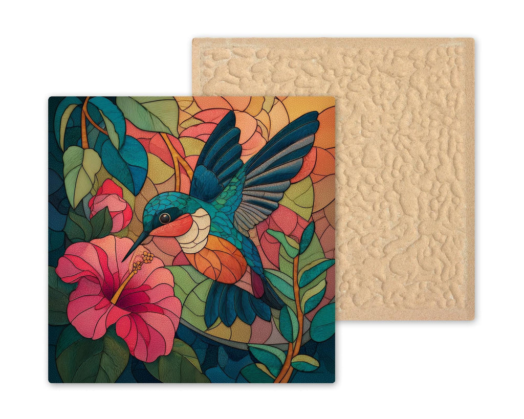 Hummingbird Stained Glass Style Ceramic Art Tile – Colorful Bird Wall Decor, Nature Lover Garden Gift