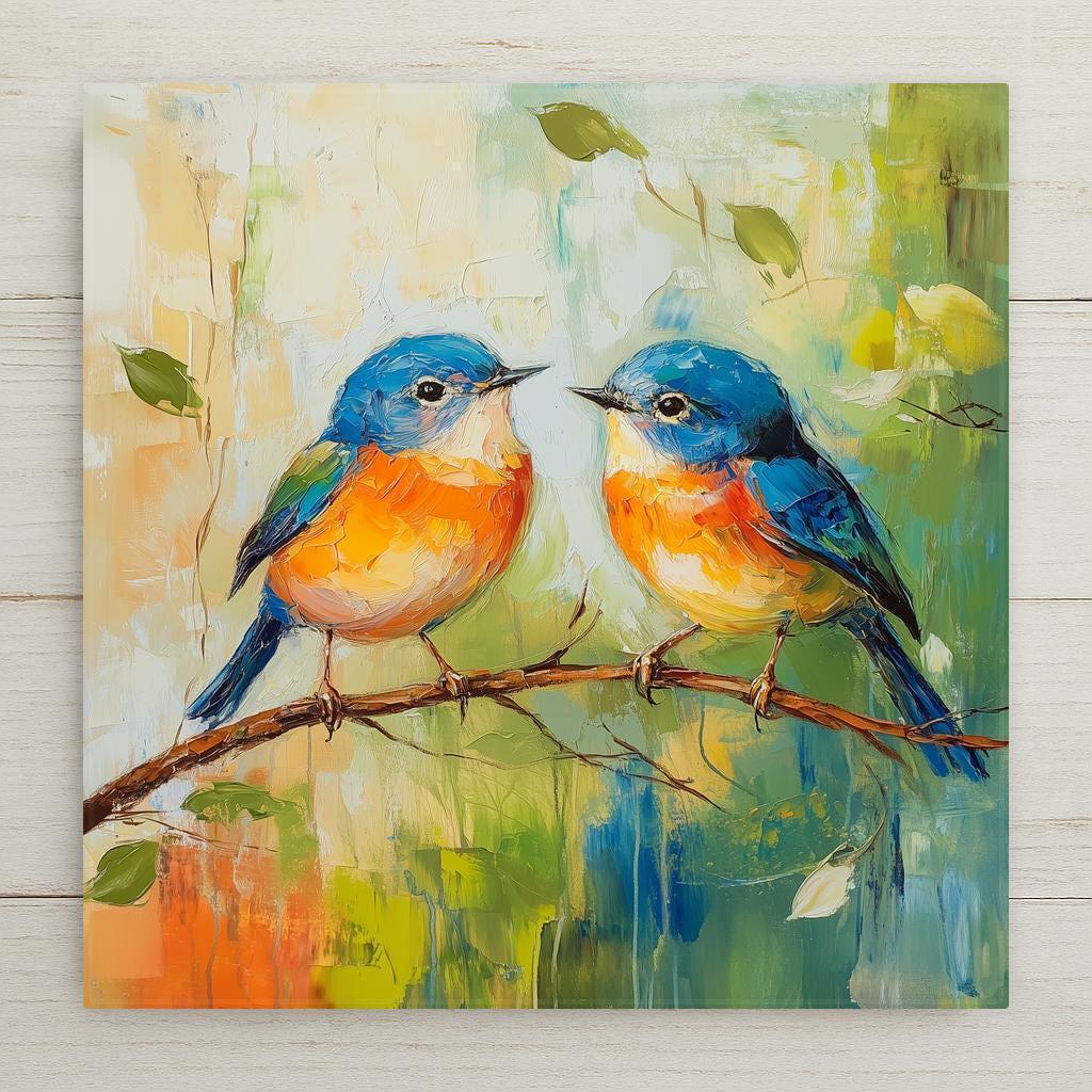 Ceramic tile wall art featuring two colorful bluebirds sitting together on a branch in a bright impressionist style painting with vibrant blues, oranges, and soft botanical background.