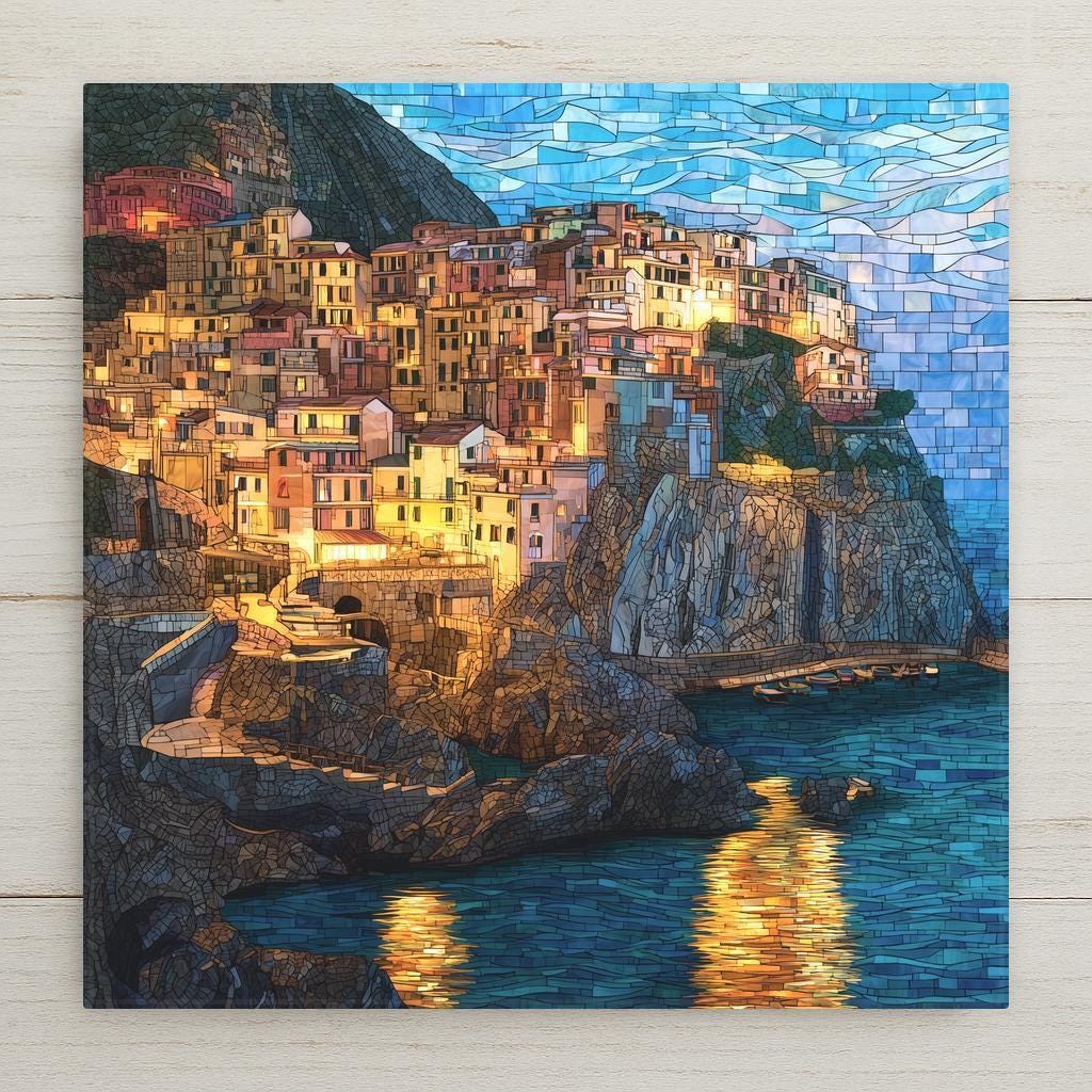 Ceramic tile wall art inspired by Manarola in Cinque Terre, Italy. This stained glass–style coastal village scene features glowing pastel homes on dramatic cliffs above the Ligurian Sea at sunset. A permanent print on tile, not real mosaic or glass. Ideal for Mediterranean home decor, Italian travel lovers, and coastal wall decor. Optional tile wall hanger, easel tile stand, cork backing, or premium frame available.