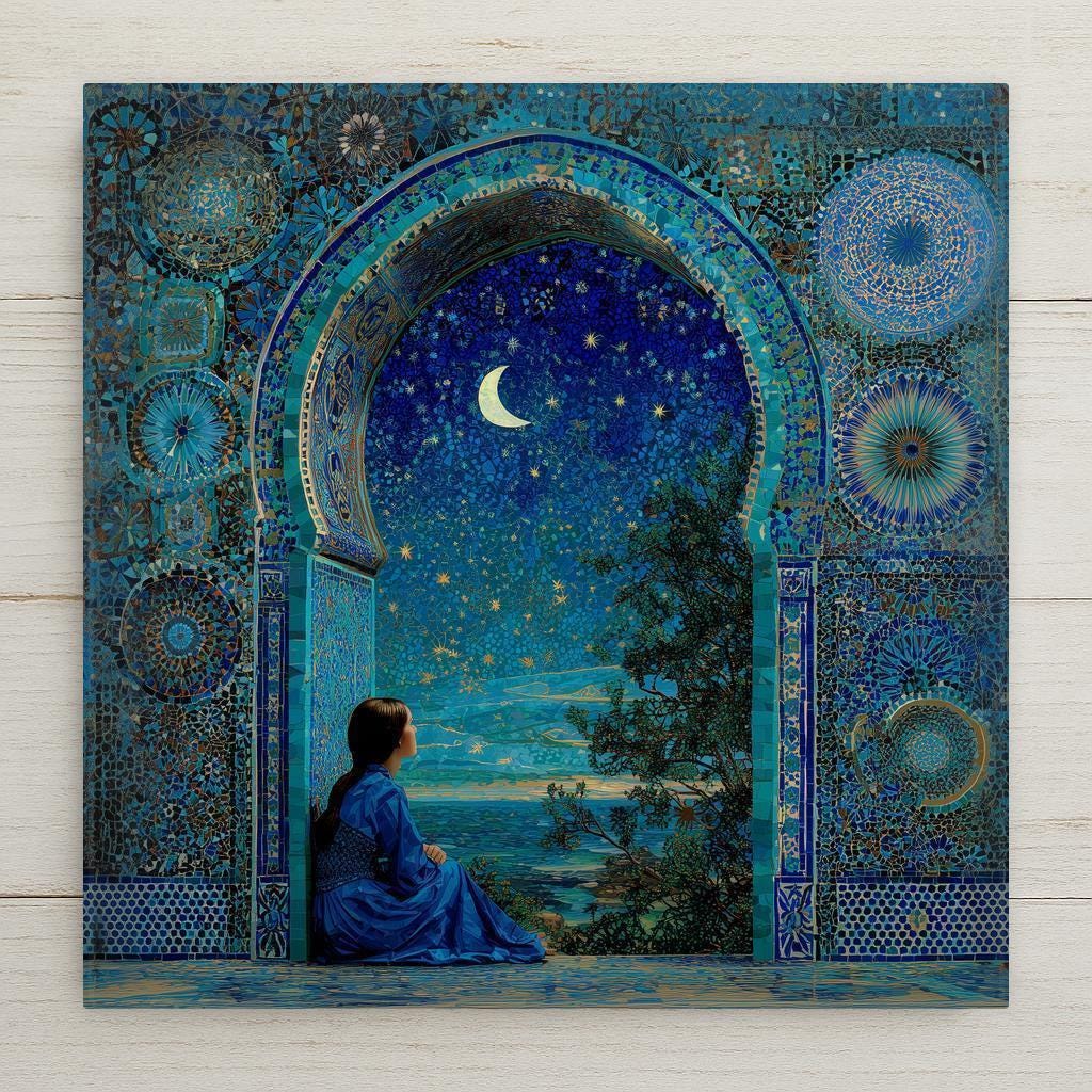 Stargazing tile art in navy and turquoise mosaic style. Celestial night sky with moon and stars. Ceramic print. Optional hanger, stand, or backing.