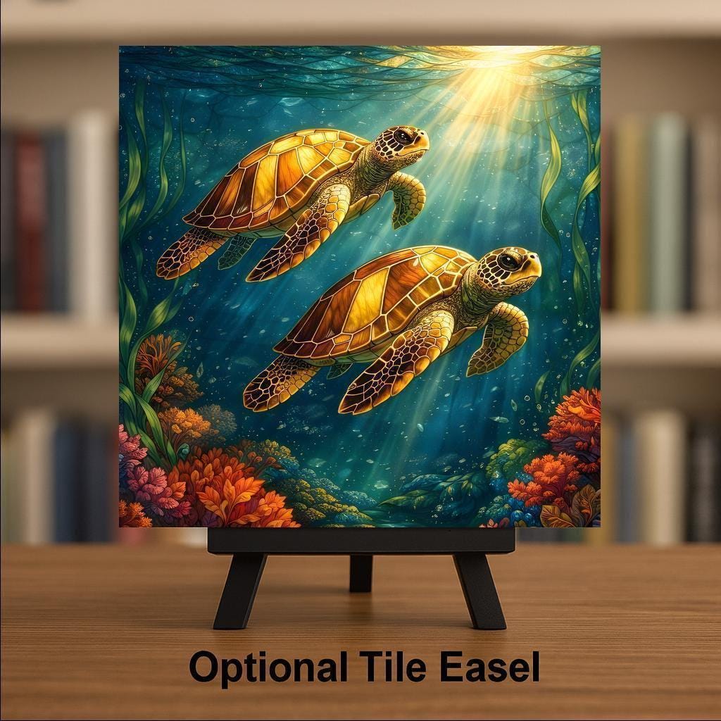 Sea Turtle Stained Glass Style Ceramic Art Tile – Coastal Ocean Wall Decor, Nautical Beach House Gift