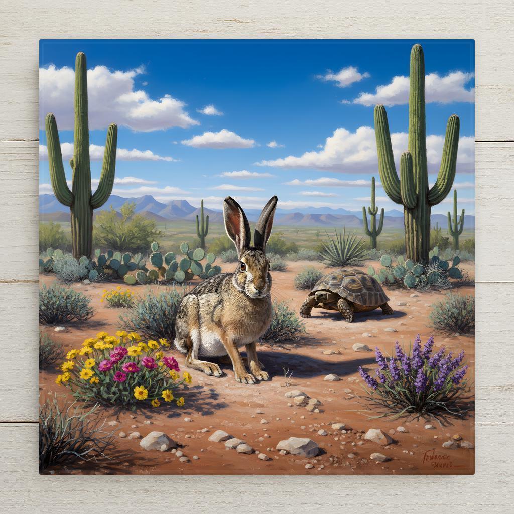 A desert jackrabbit sitting among colorful desert wildflowers in a Sonoran desert landscape with tall saguaro cacti and distant mountains under a bright blue sky. A desert tortoise walks behind the rabbit among prickly pear cactus and desert plants